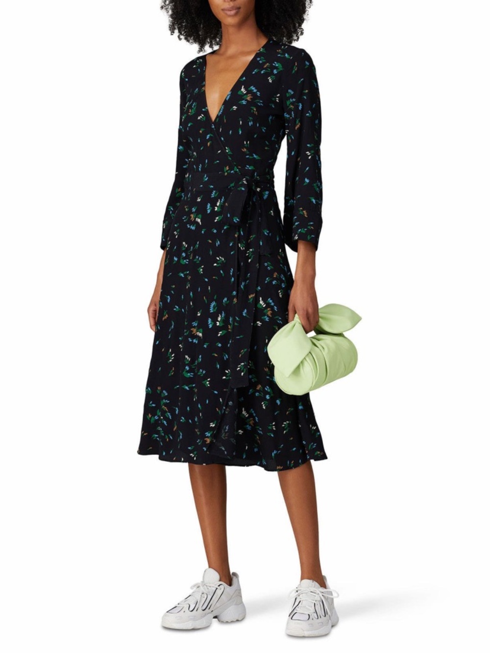 GANNI Black Green Floral Wrap Midi Dress Size 38 US 6 V Neck